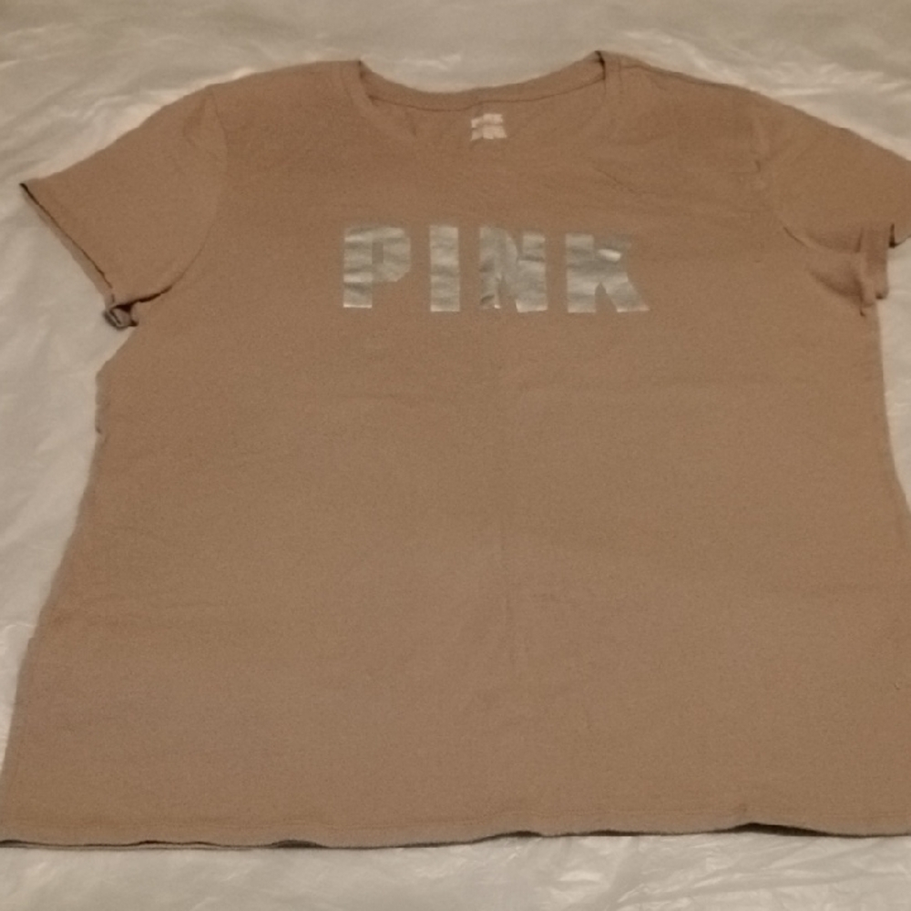 PINK Victoria's Secret Taupe Crewneck Tee with White Logo - Picture 3 of 5